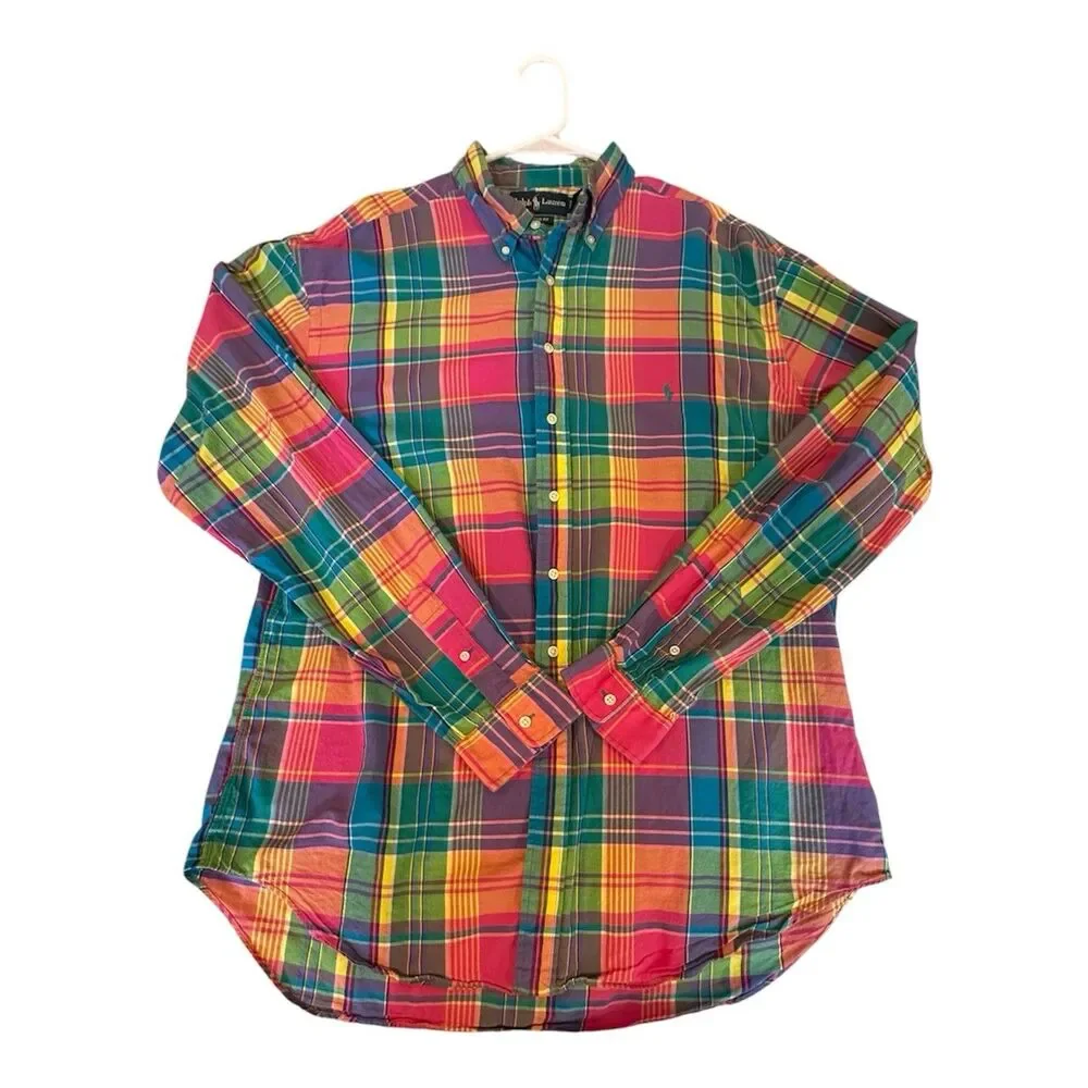 Polo Ralph Lauren 2XLT Button Down Rainbow Plaid 100% Cotton Tall Long Sleeve